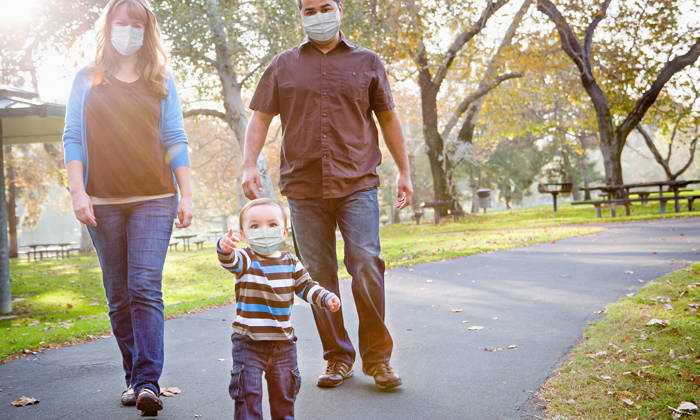Family walking in the park wearing masks