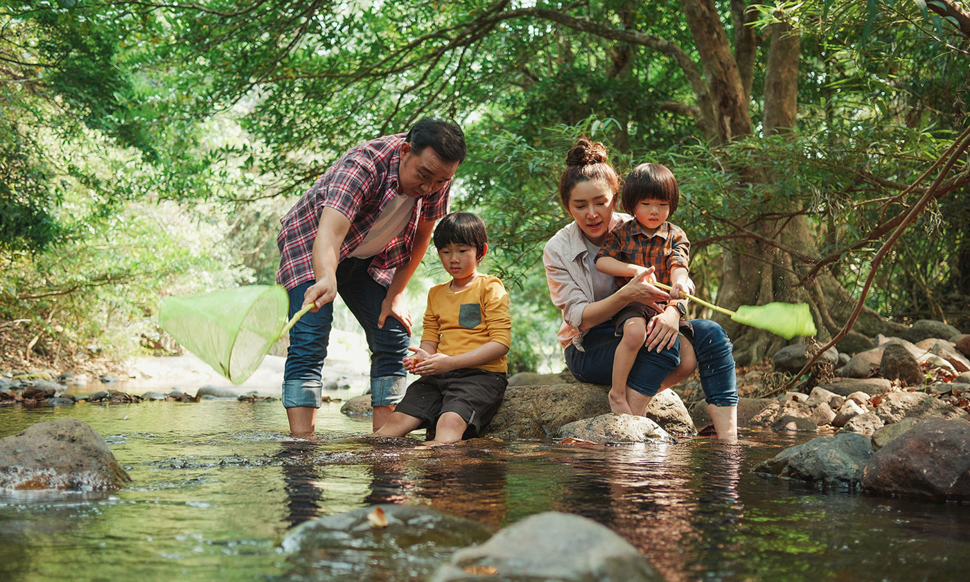 Father and son fishing with fishing net in river